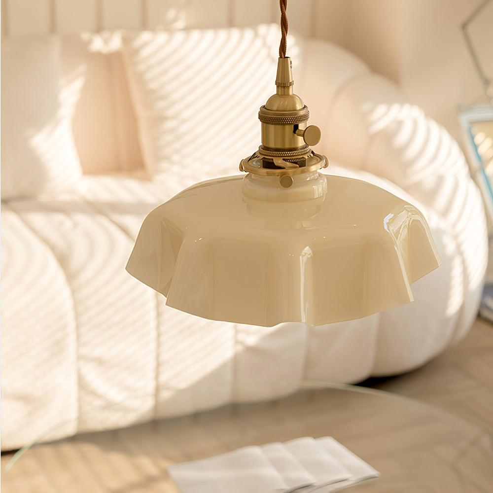 French Fleur Swag Pendant Light – Pleated Glass, Plug-In Antique Brass