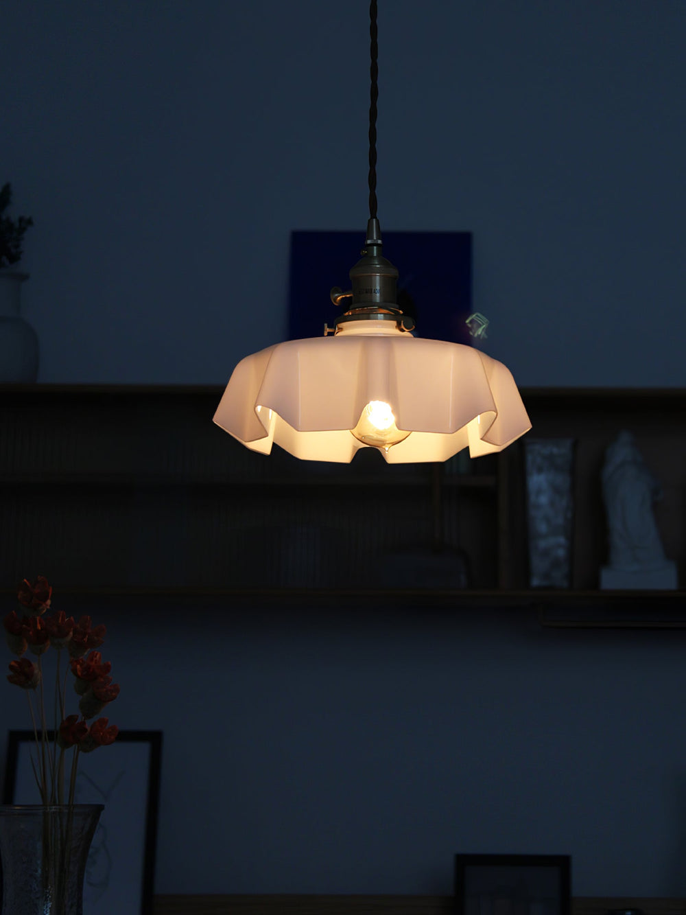 French Fleur Swag Pendant Light – Pleated Glass, Plug-In Antique Brass