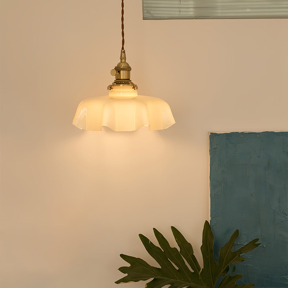 French Fleur Swag Pendant Light – Pleated Glass, Plug-In Antique Brass