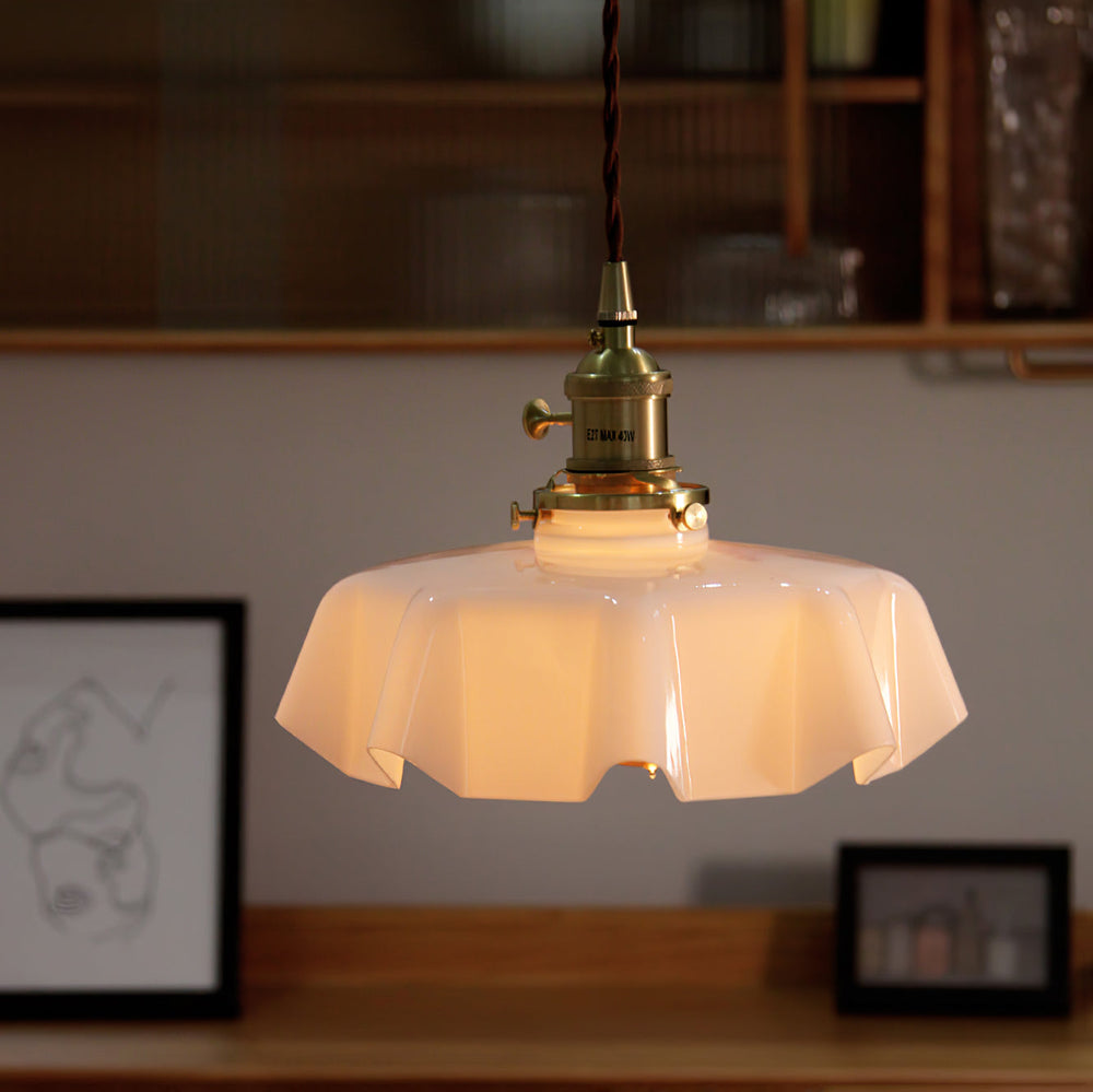 French Fleur Swag Pendant Light – Pleated Glass, Plug-In Antique Brass