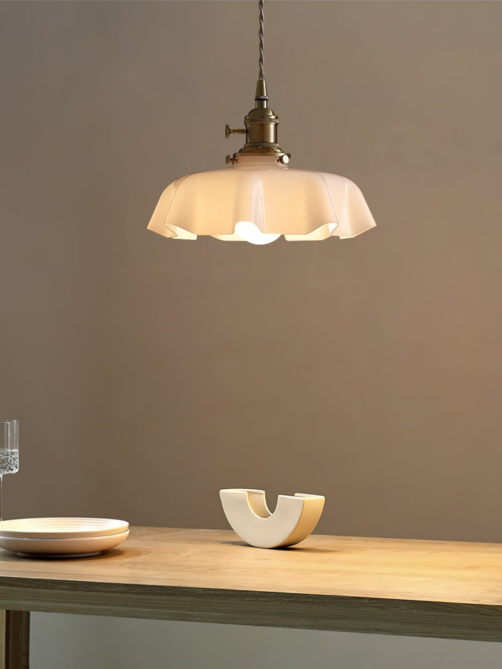 French Fleur Swag Pendant Light – Pleated Glass, Plug-In Antique Brass