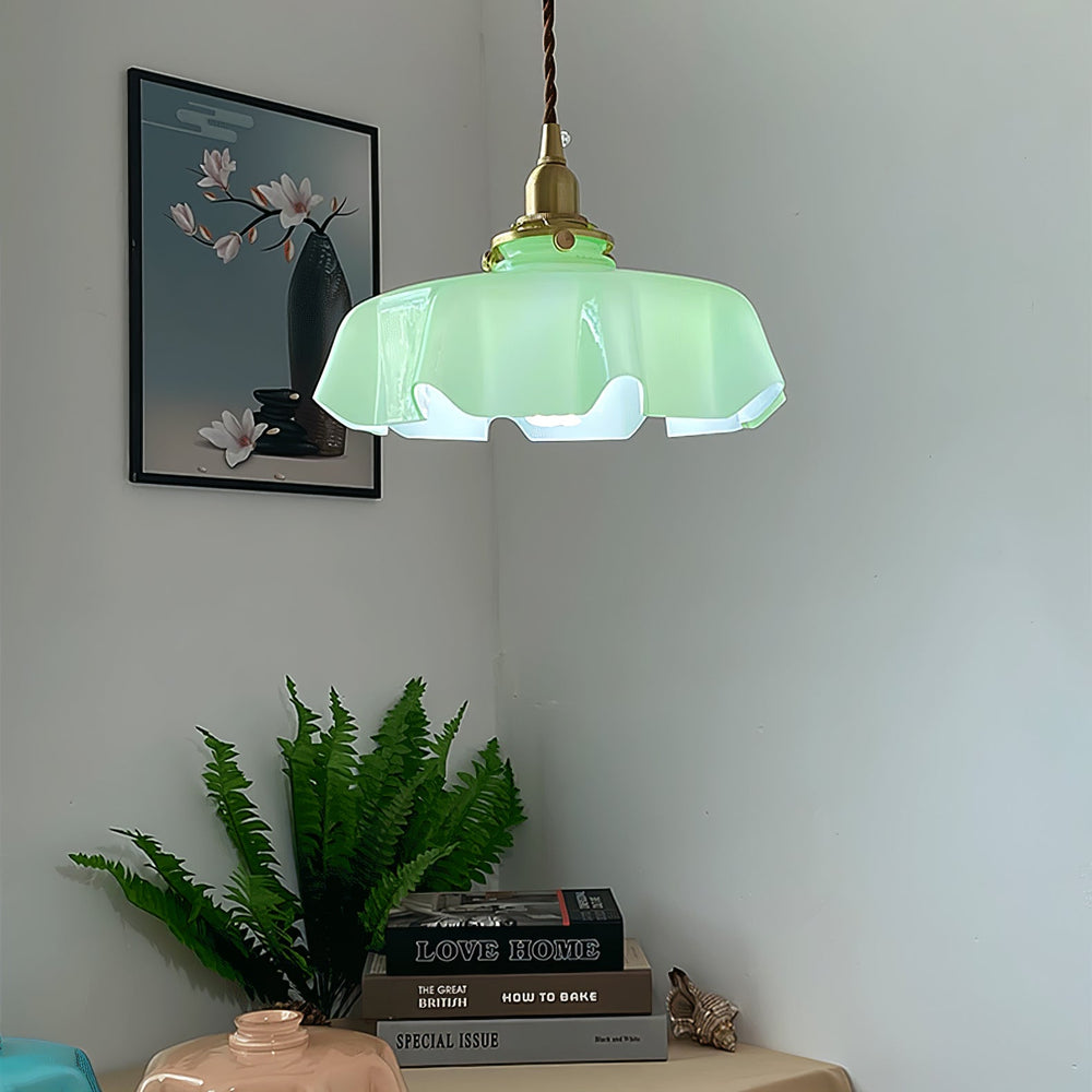 French Fleur Swag Pendant Light – Pleated Glass, Plug-In Antique Brass