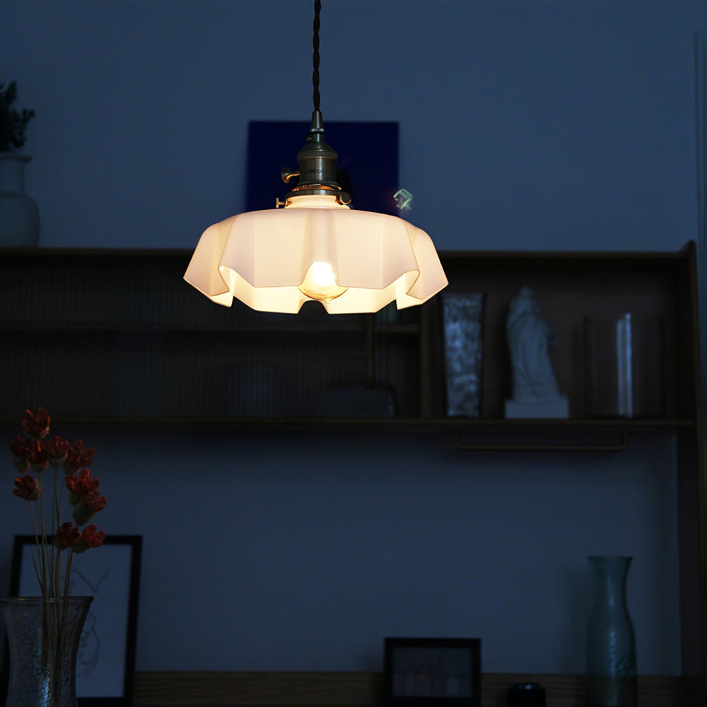 French Fleur Swag Pendant Light – Pleated Glass, Plug-In Antique Brass