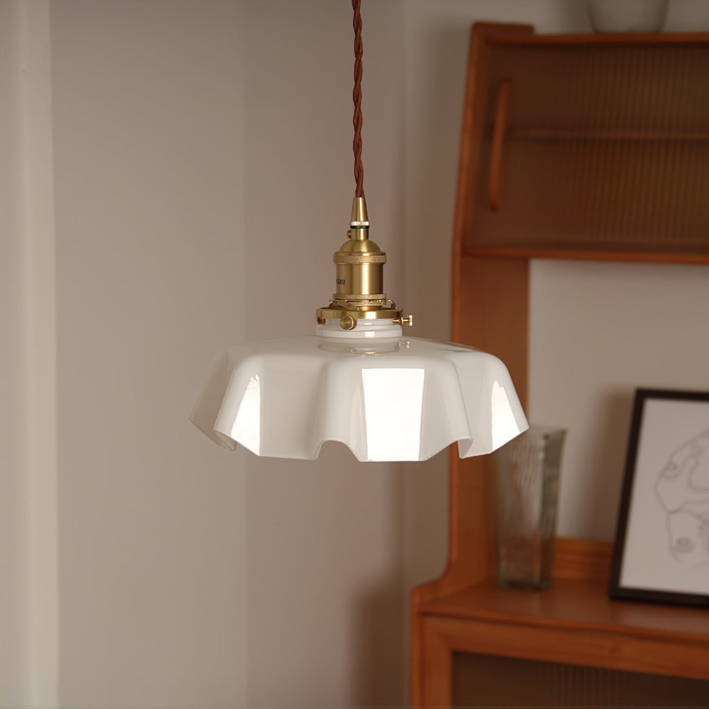 French Fleur Swag Pendant Light – Pleated Glass, Plug-In Antique Brass