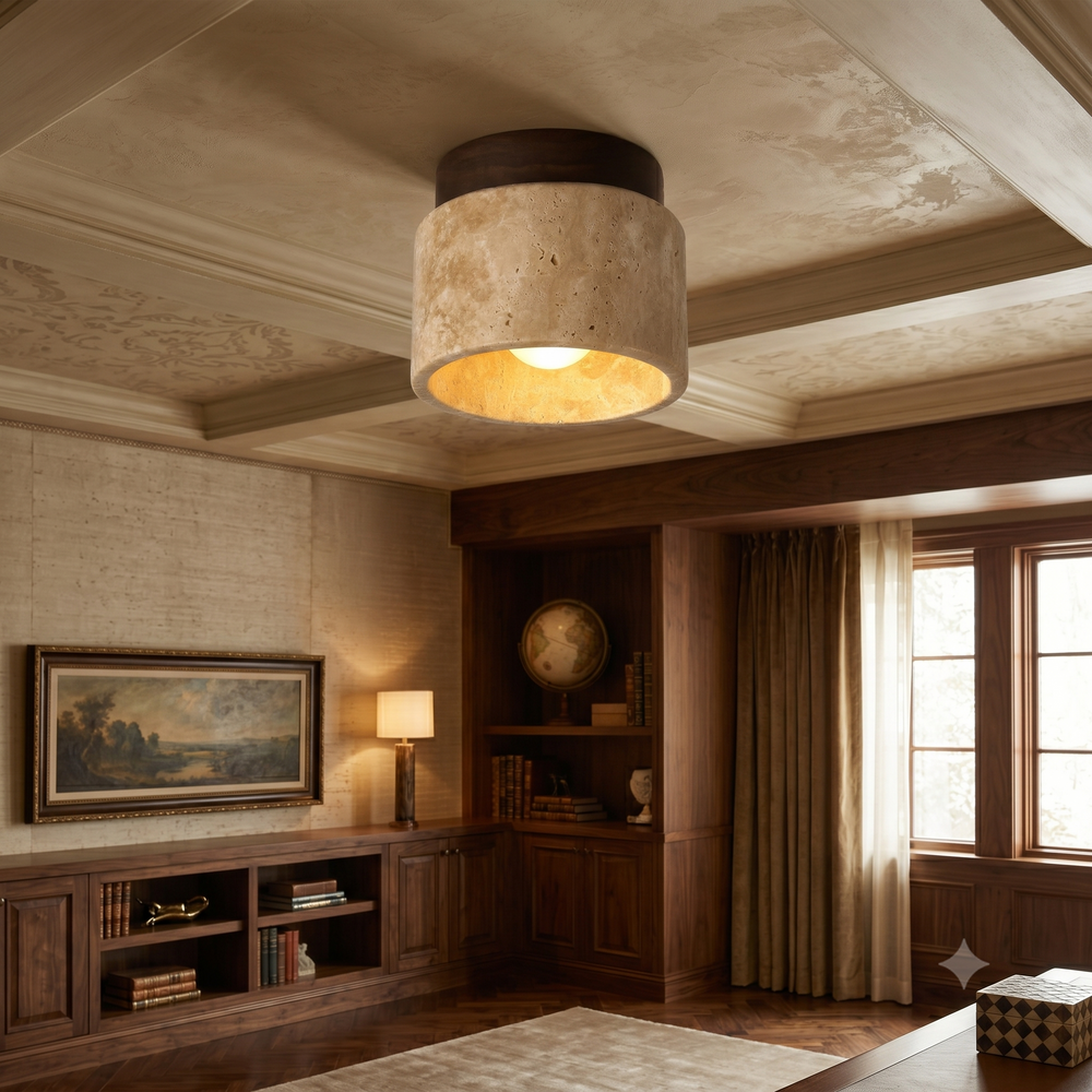 Asuka Japandi Naturstein-Deckenleuchte – Minimalistische Travertin- und Holz-Flush-Montage-Downlight