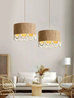 Jute Wood Bead Drum Pendant Lamp