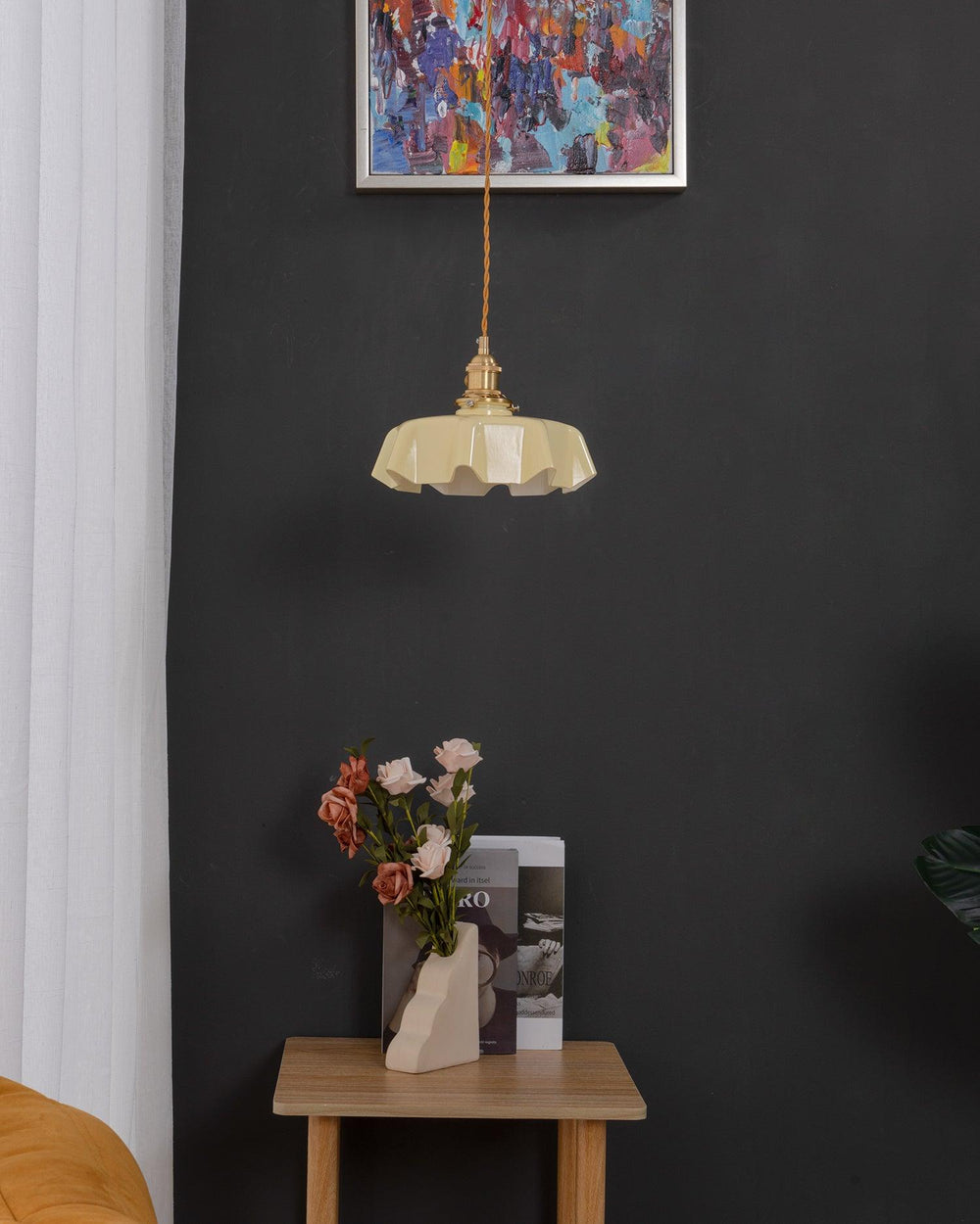 French Fleur Swag Pendant Light – Pleated Glass, Plug-In Antique Brass