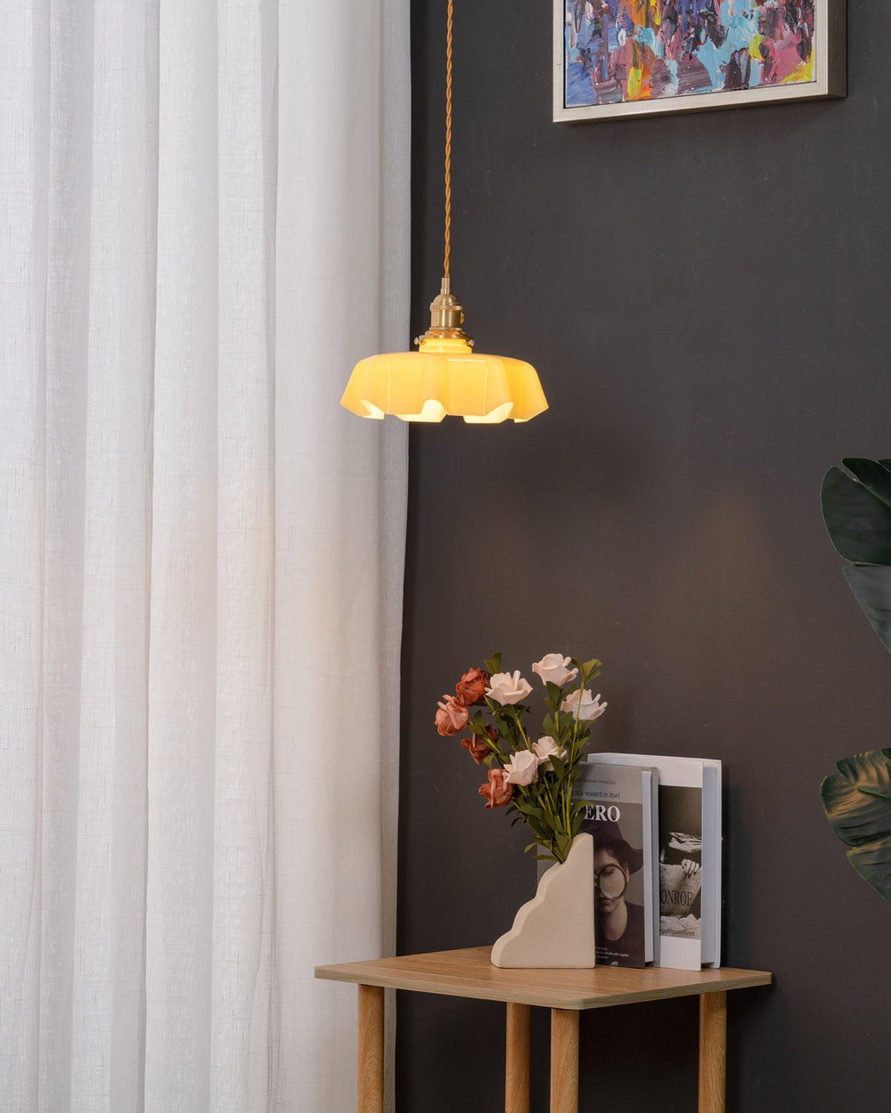 French Fleur Swag Pendant Light – Pleated Glass, Plug-In Antique Brass