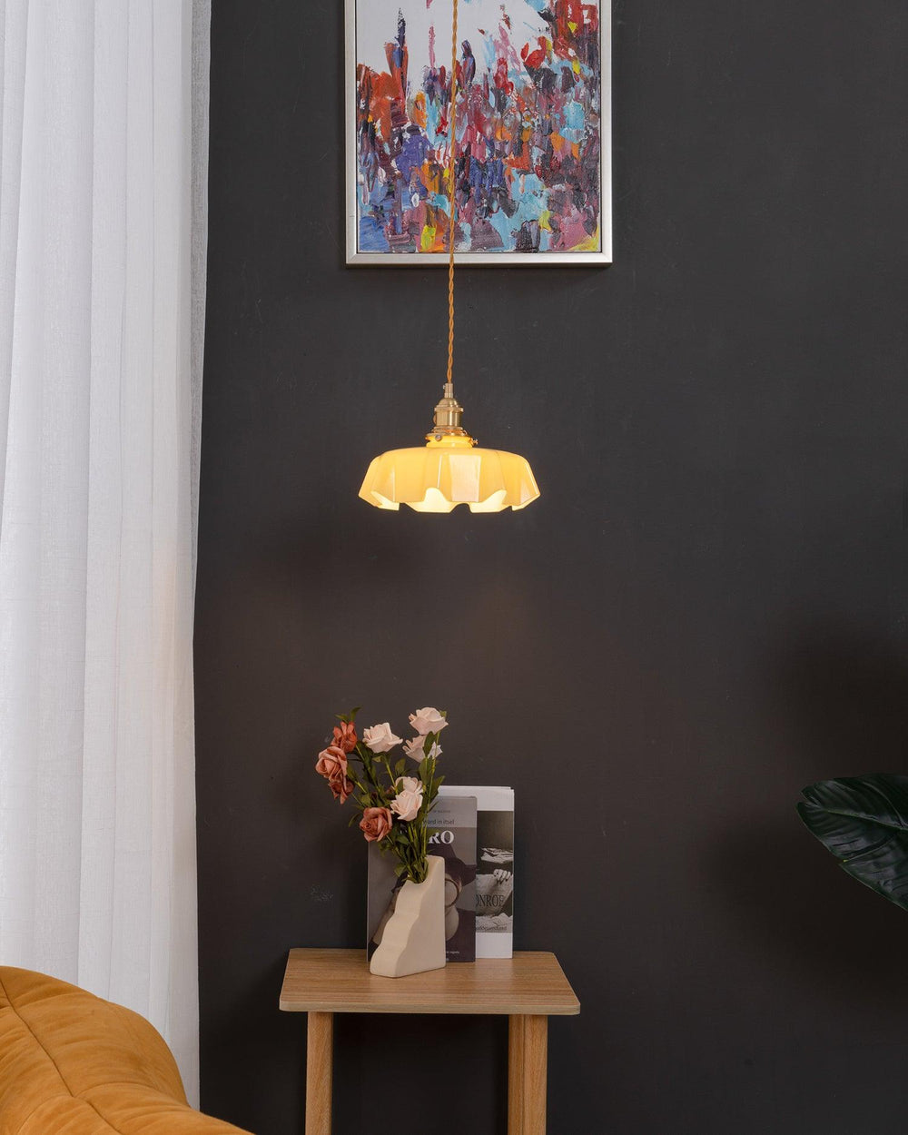 French Fleur Swag Pendant Light – Pleated Glass, Plug-In Antique Brass