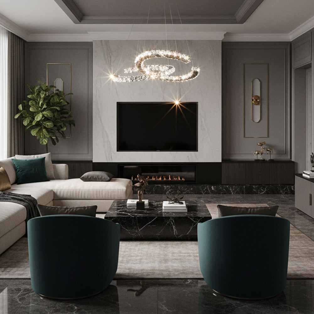 Aria Double-C Crystal Chandelier – Modern Silver Accent