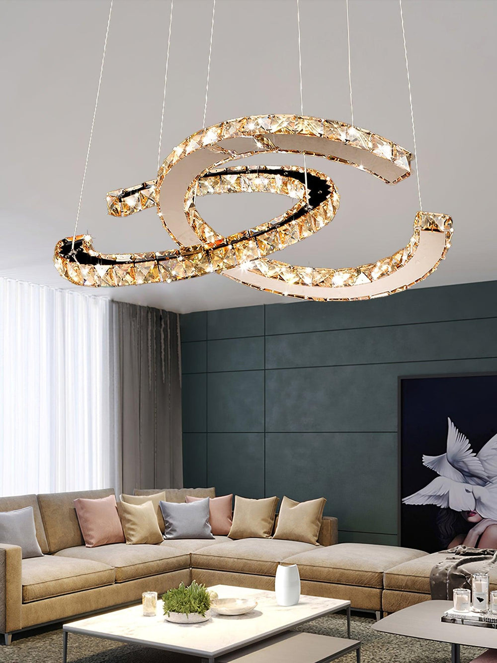 Aria Double-C Crystal Chandelier – Modern Silver Accent