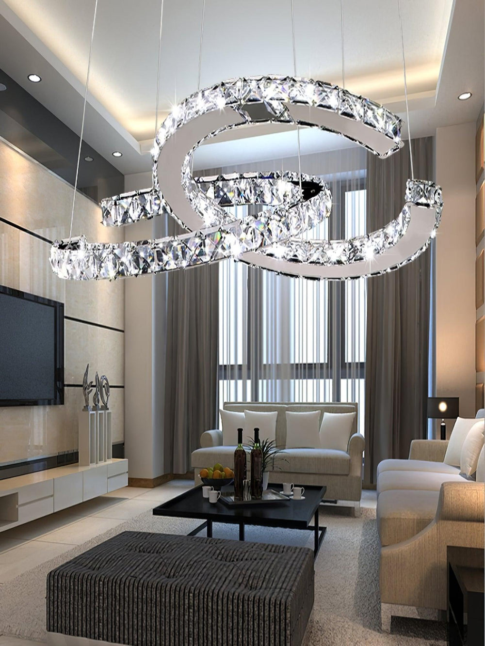Aria Double-C Crystal Chandelier – Modern Silver Accent