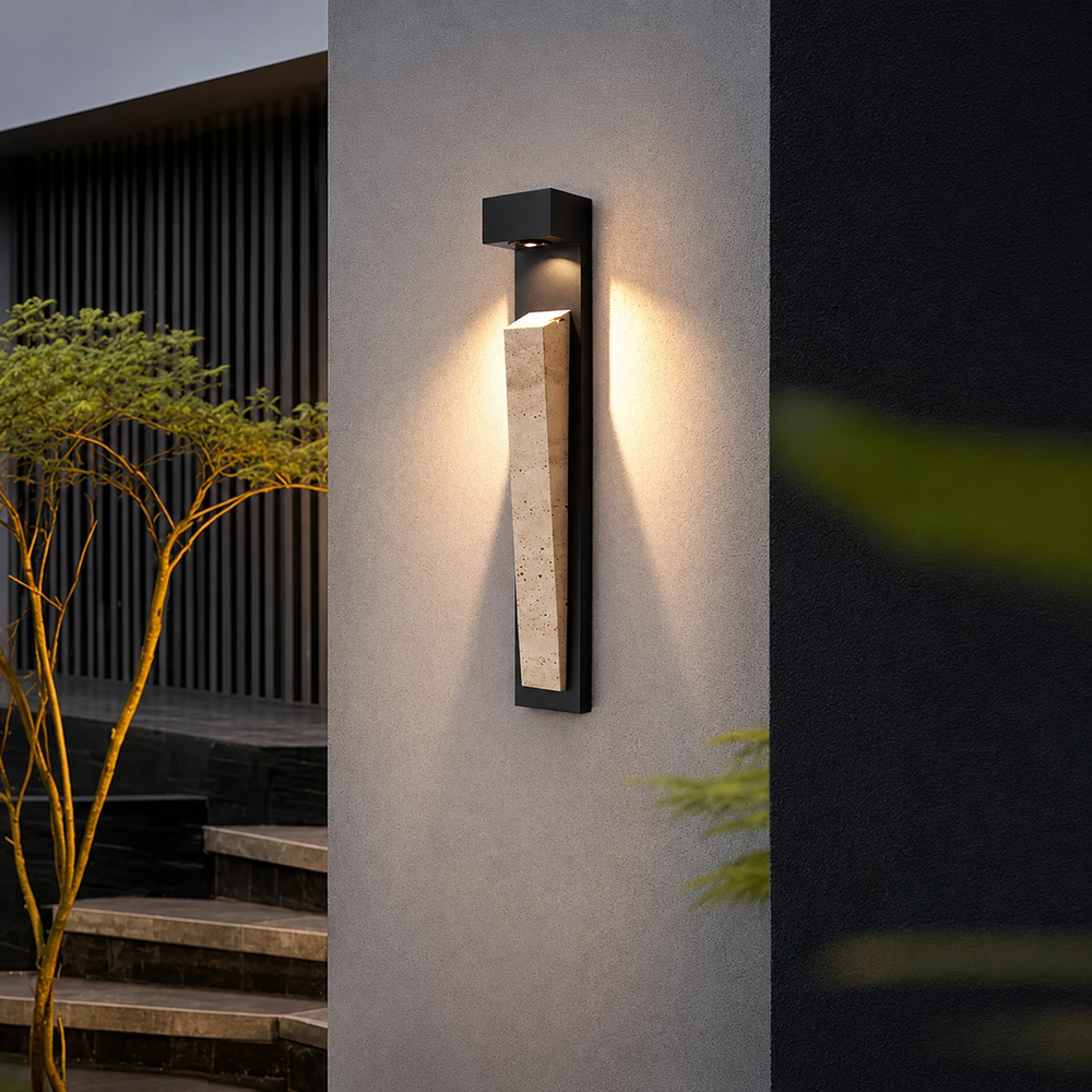 Natura Glow Stone Sconce – Wabi-Sabi Travertine LED Outdoor Sensor Wall Light