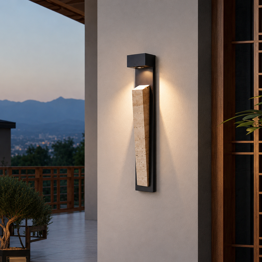 Natura Glow Stone Sconce – Wabi-Sabi Travertine LED Outdoor Sensor Wall Light
