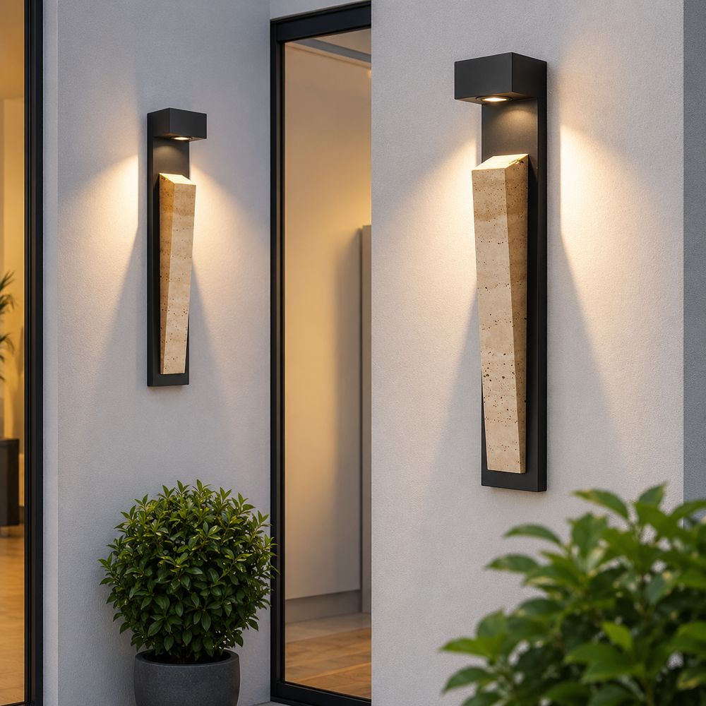 Natura Glow Stone Sconce – Wabi-Sabi Travertine LED Outdoor Sensor Wall Light