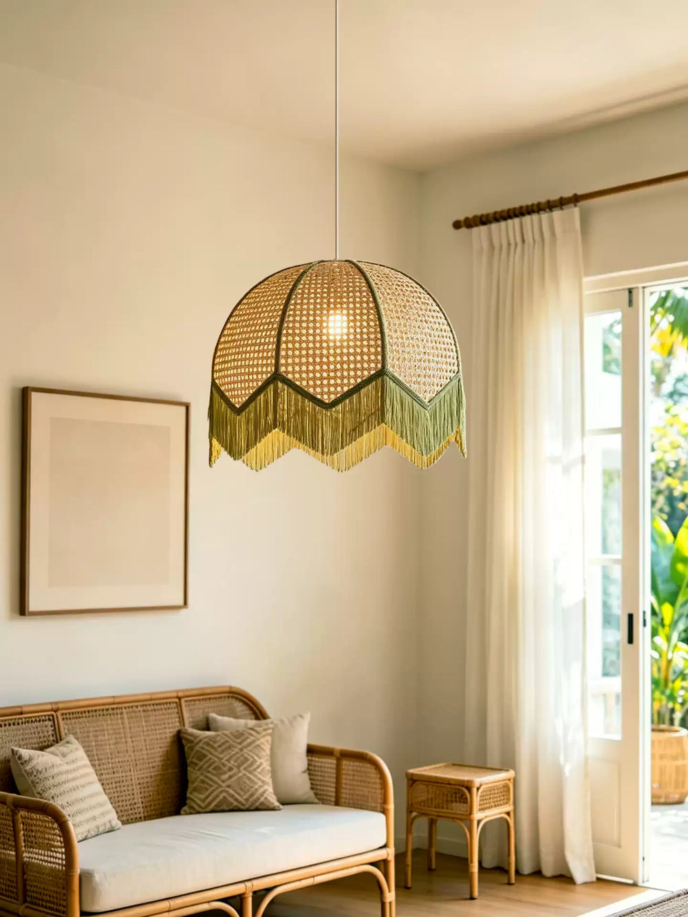 Rattan Fringe Dome Pendant Light