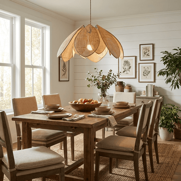 Rattan Lotus Pendant Lamp Chandelier Lumaris Dining Room
