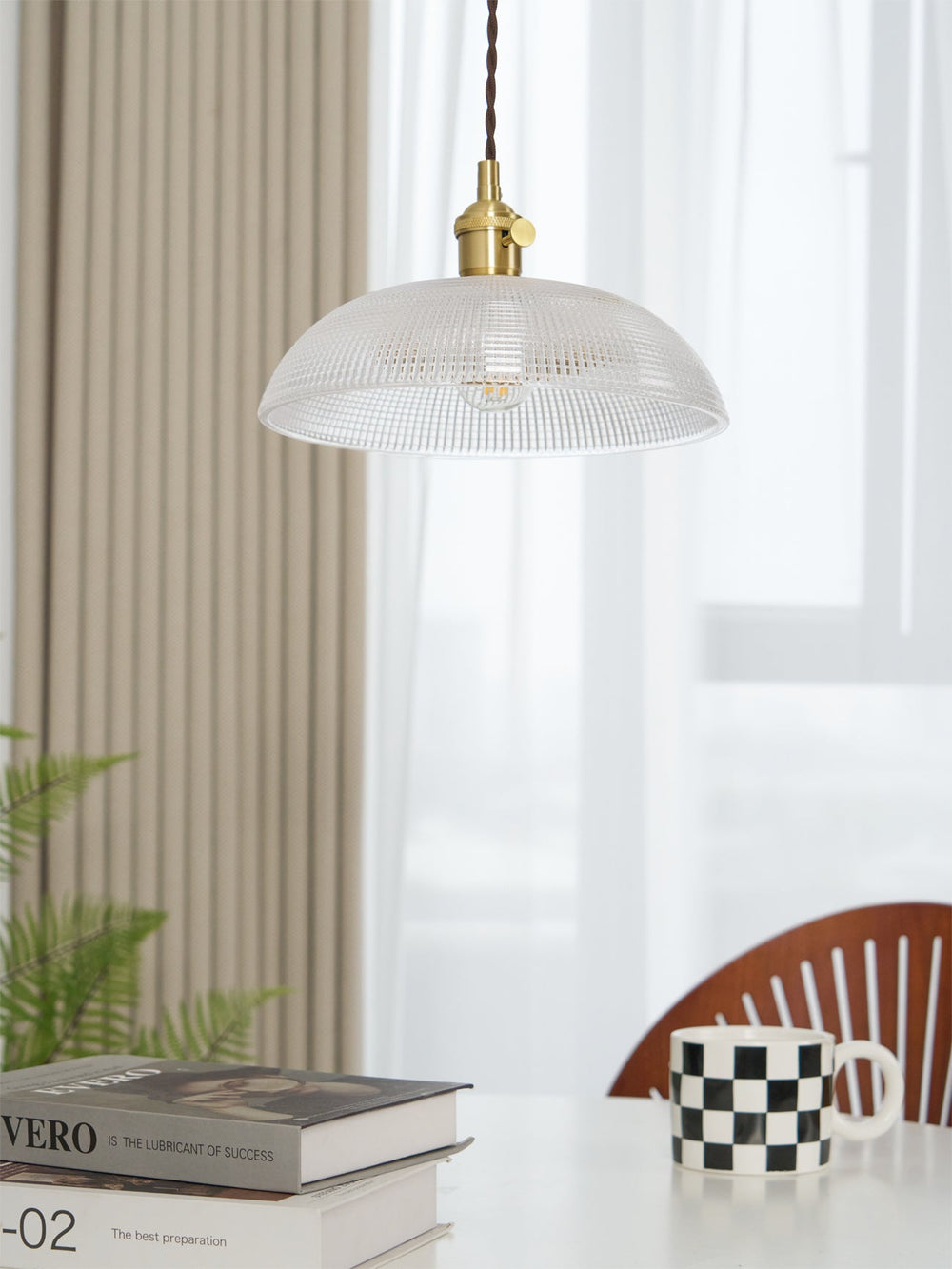Ribbed Spiral Glass Ceiling Pendant – Polished Brass Dome