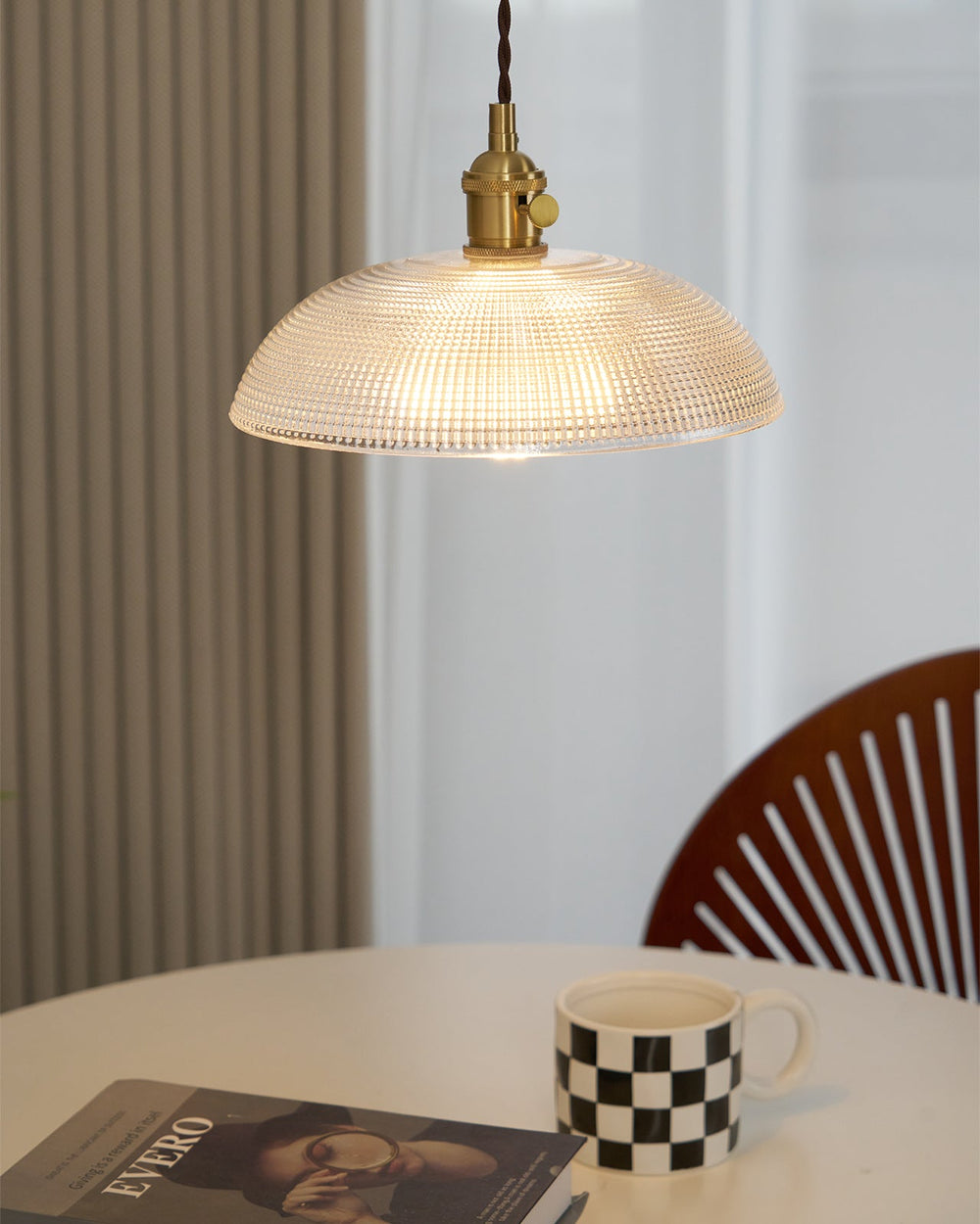 Ribbed Spiral Glass Ceiling Pendant – Polished Brass Dome