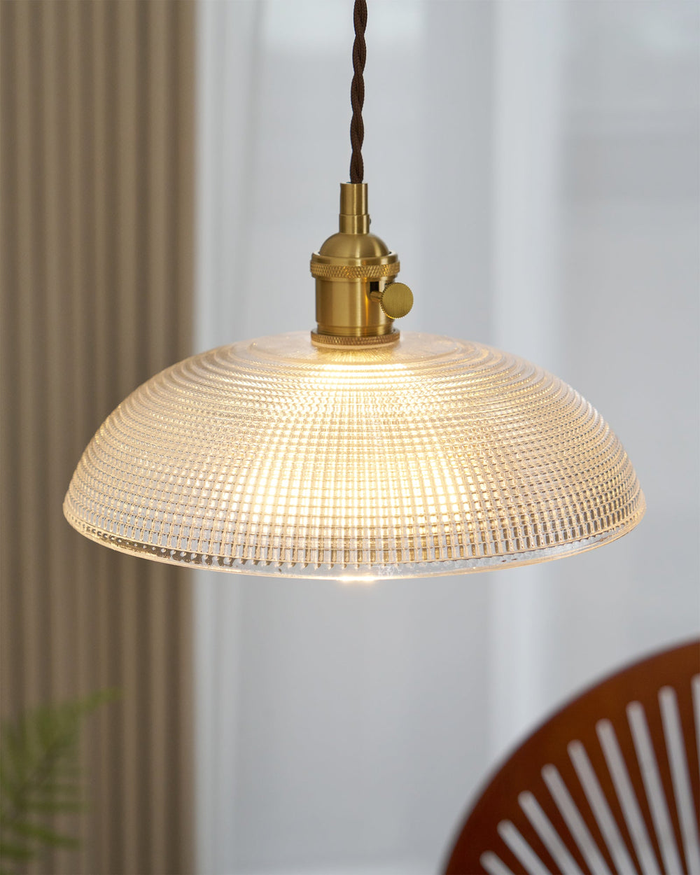 Ribbed Spiral Glass Ceiling Pendant – Polished Brass Dome