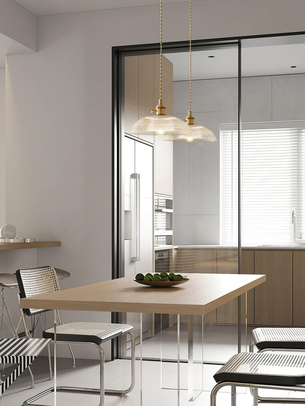 Ribbed Spiral Glass Ceiling Pendant – Polished Brass Dome