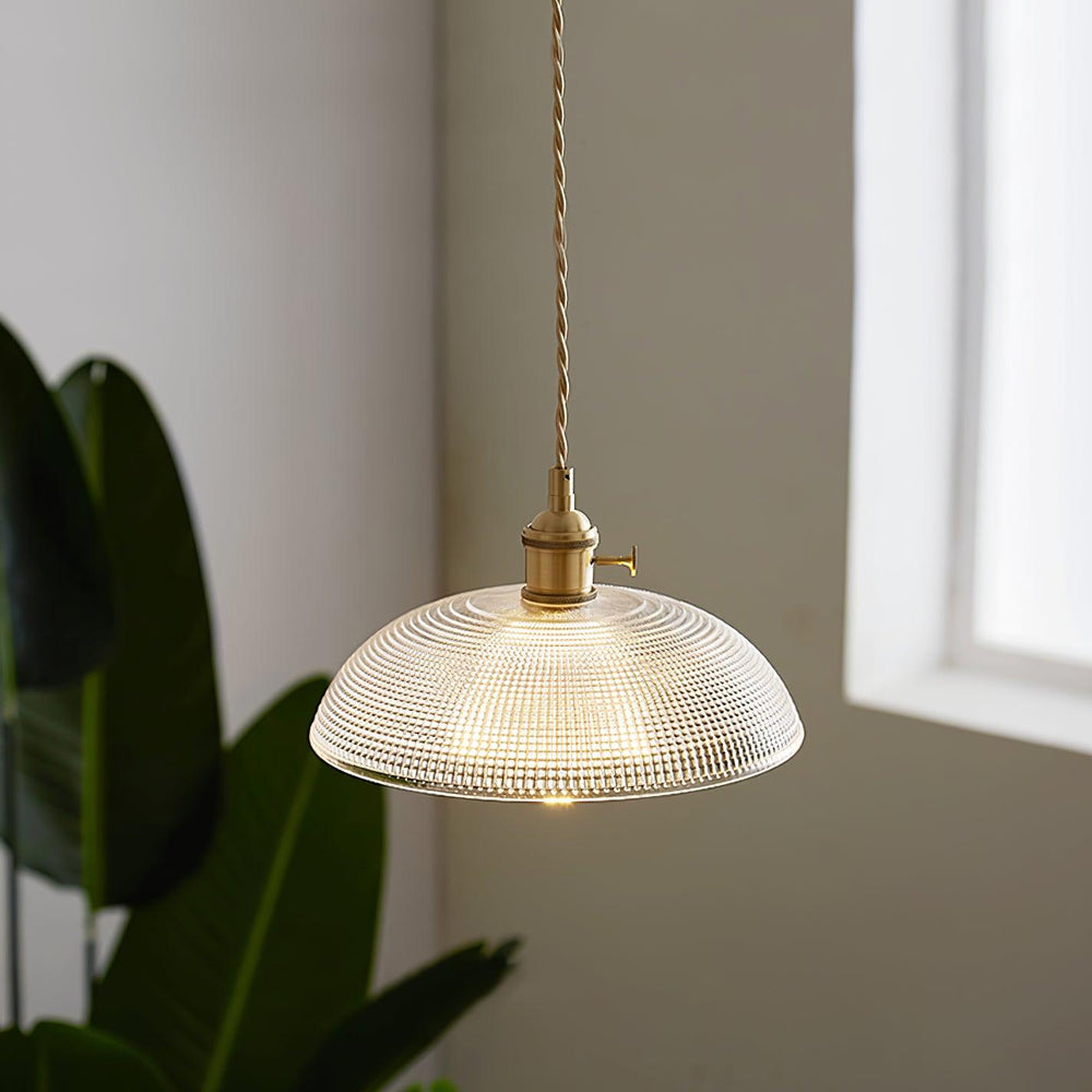 Ribbed Spiral Glass Ceiling Pendant – Polished Brass Dome