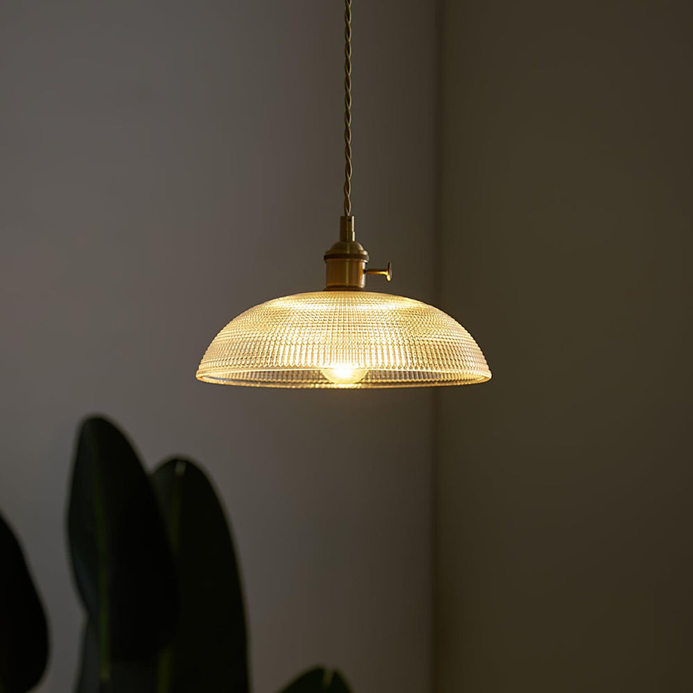 Ribbed Spiral Glass Ceiling Pendant – Polished Brass Dome