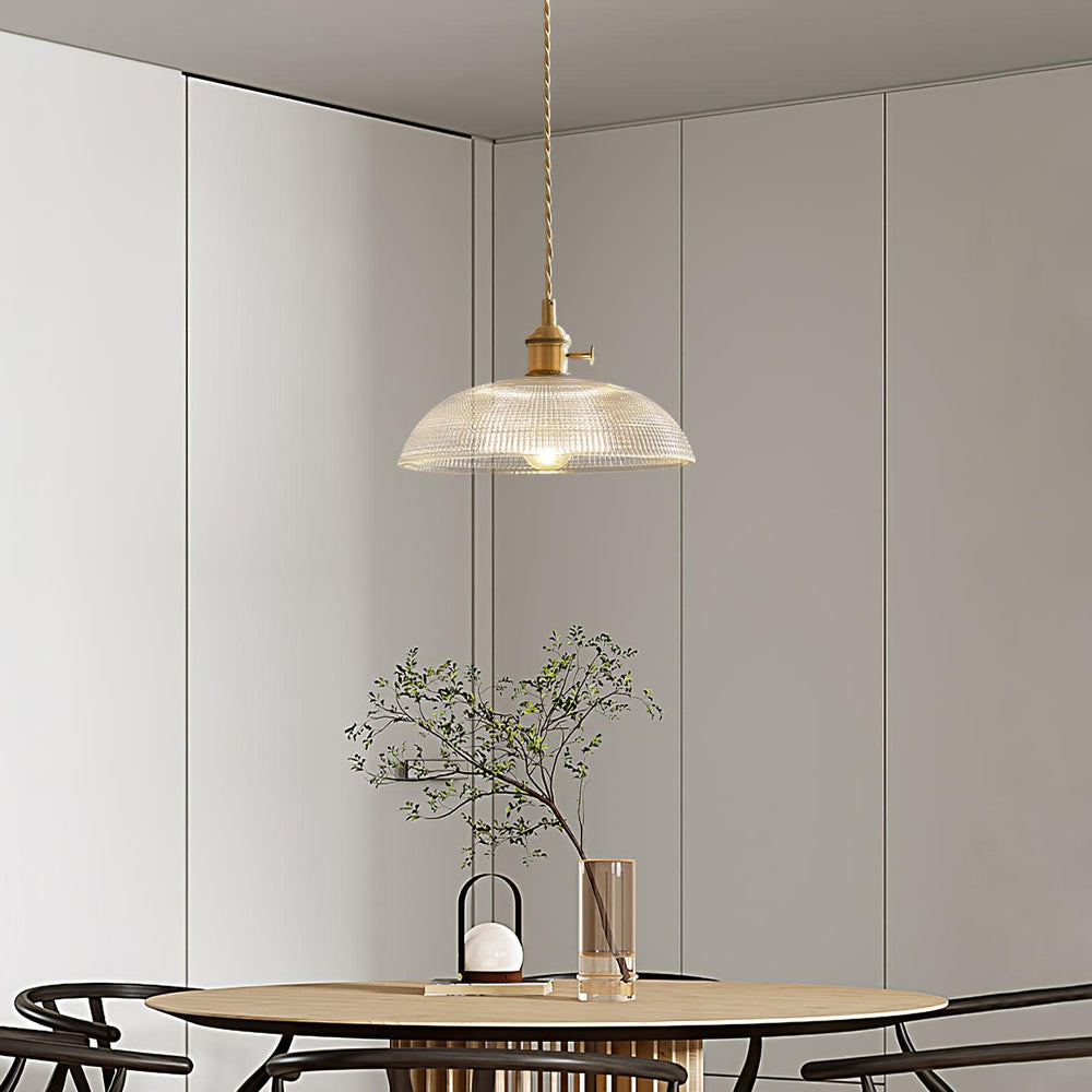 Ribbed Spiral Glass Ceiling Pendant – Polished Brass Dome
