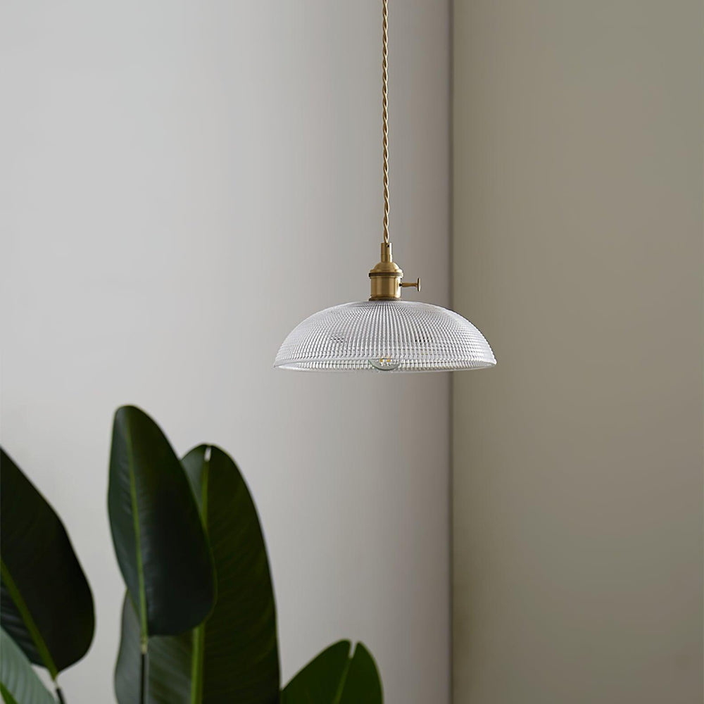 Ribbed Spiral Glass Ceiling Pendant – Polished Brass Dome