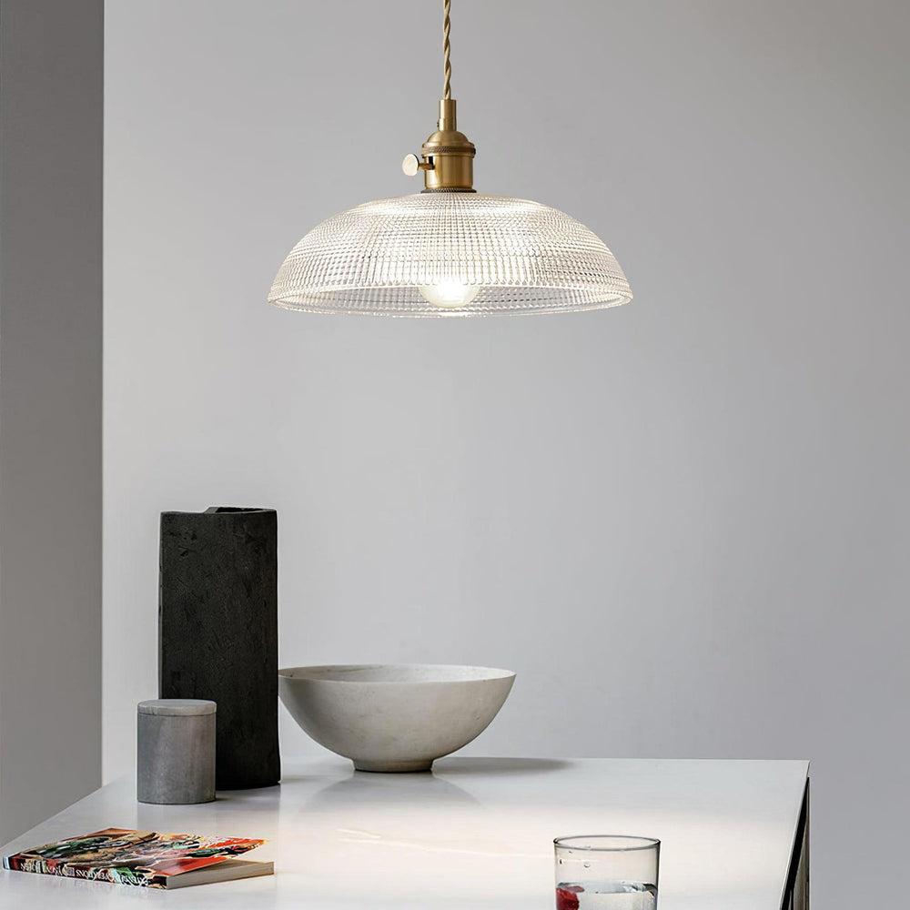 Ribbed Spiral Glass Ceiling Pendant – Polished Brass Dome