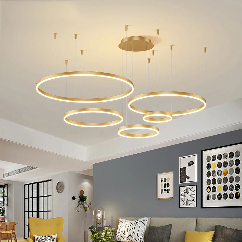 Aero Multi-Halo Floating Chandelier – Luxury 5-Ring LED Architectural Ceiling Light