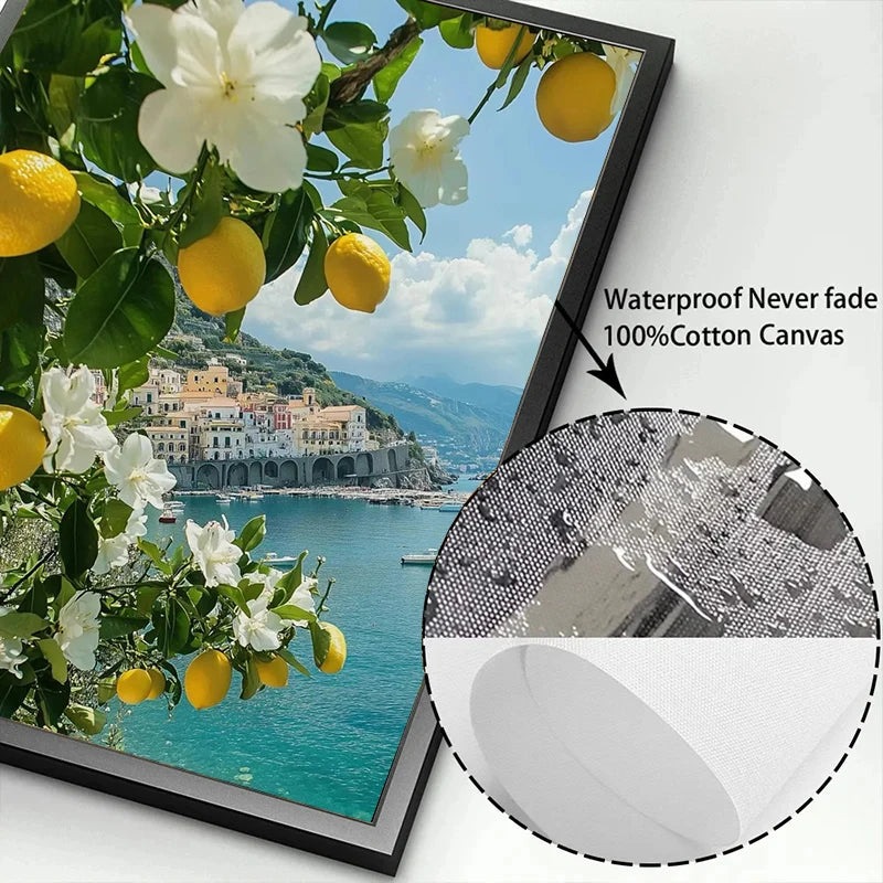 Italienische Zitrone Orange Küstenstrand-Wellenlandschaft Schwimmbad Poster Leinwandmalerei Wandkunst Bilder Wohnkultur