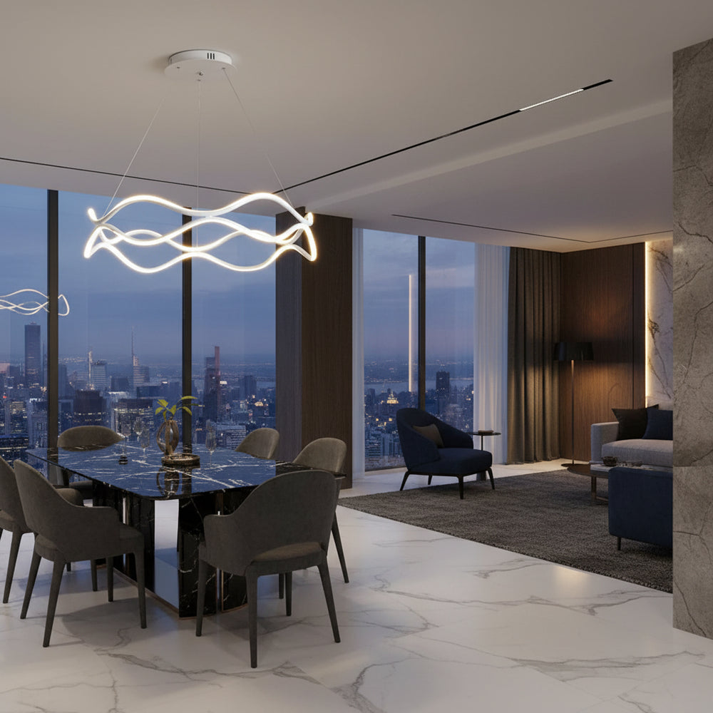Aria Continuous Double-Wave Chandelier – Luxury Matte Black Ribbon LED Pendant Light