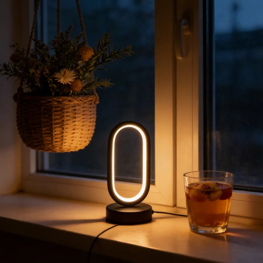Halo Arc Geometric Desk Lamp – Modern Minimalist Circular LED Art Light with USB Charging Port