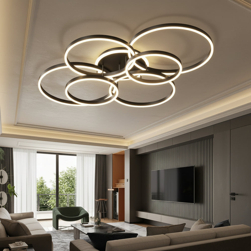 Aurelia Interlocking Halo Chandelier – Modern Minimalist Multi-Ring LED Flush Mount Ceiling Light