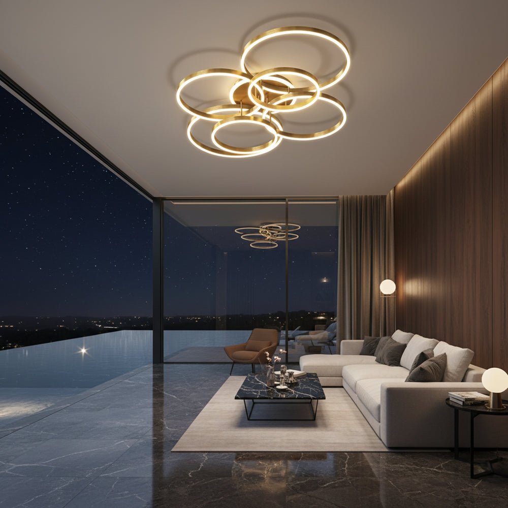 Aurelia Interlocking Halo Chandelier – Modern Minimalist Multi-Ring LED Flush Mount Ceiling Light