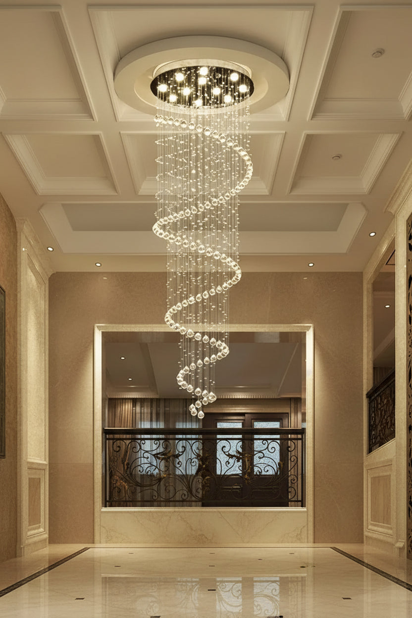 Elysian Cascading Crystal Helix Chandelier – Modern Luxury LED Spiral Pendant for Staircases & Grand Foyers