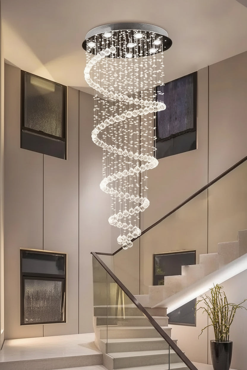 Elysian Cascading Crystal Helix Chandelier – Modern Luxury LED Spiral Pendant for Staircases & Grand Foyers