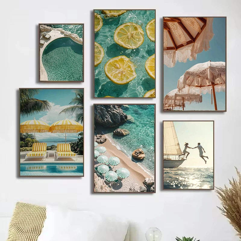 Italienische Zitrone Orange Küstenstrand-Wellenlandschaft Schwimmbad Poster Leinwandmalerei Wandkunst Bilder Wohnkultur
