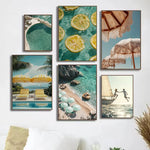 Italienische Zitrone Orange Küstenstrand-Wellenlandschaft Schwimmbad Poster Leinwandmalerei Wandkunst Bilder Wohnkultur