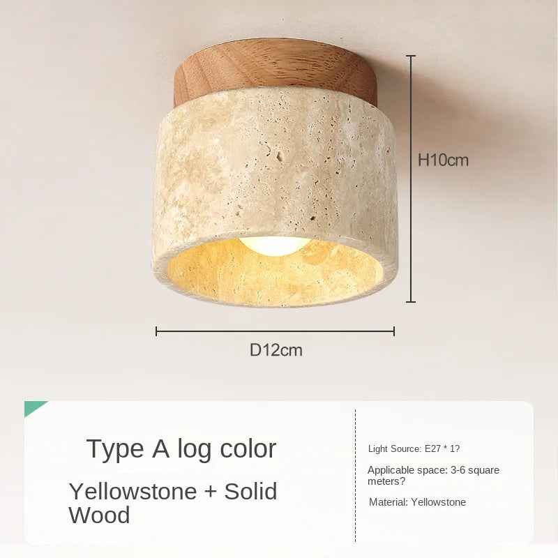 Asuka Japandi Naturstein-Deckenleuchte – Minimalistische Travertin- und Holz-Flush-Montage-Downlight
