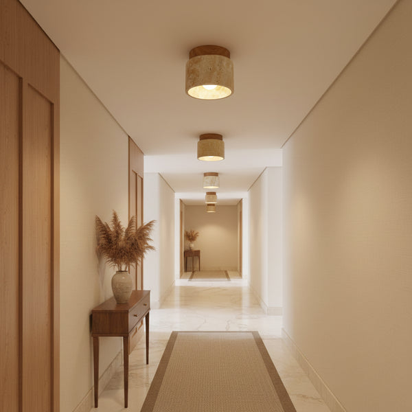 Asuka Japandi Natural Stone Ceiling Light – Minimalist Travertine & Wood Flush Mount Downlight