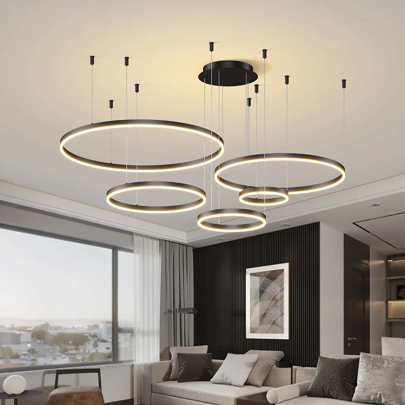 Aero Multi-Halo Floating Chandelier – Luxury 5-Ring LED Architectural Ceiling Light