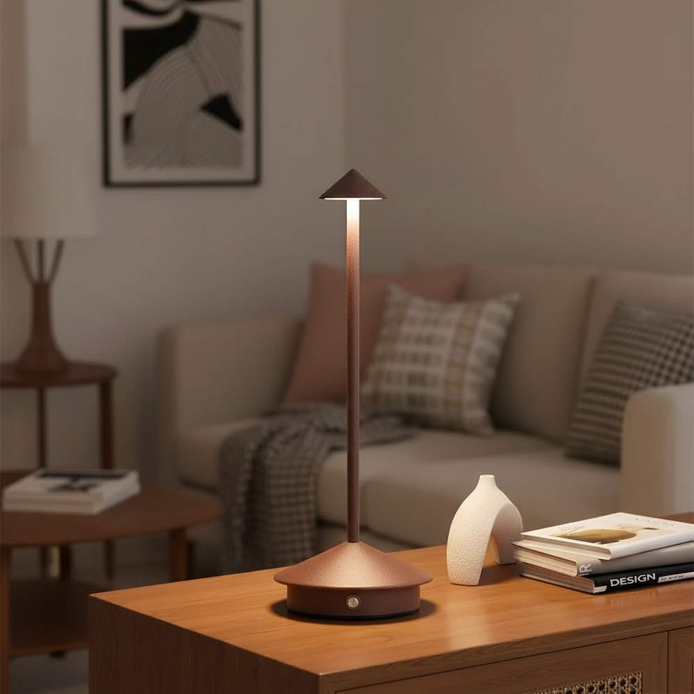 Apex Cordless Metal Bistro Lamp – Brown Lampshade, lit on