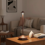 Apex Cordless Metal Bistro Lamp – Brown Lampshade, lit on