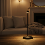 Apex Cordless Metal Bistro Lamp – Black Lampshade, lit on