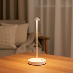 Apex Cordless Metal Bistro Lamp – White Lampshade, lit on